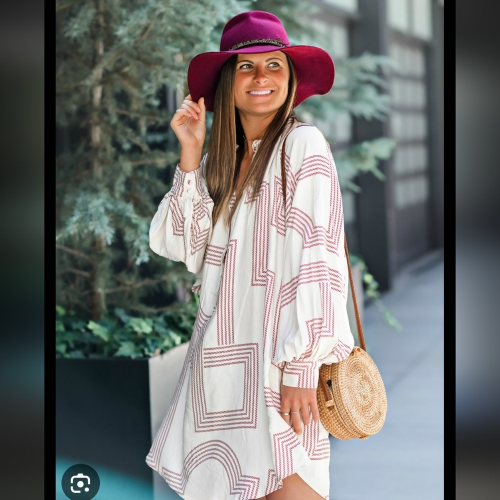 NWT H&M Plus Size 18 Geometric Print Tunic Dress Cream Maroon Oversized Boho